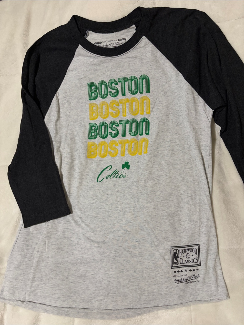 Boston Celtics Raglan Tee in Black, Gray, Green & Yellow